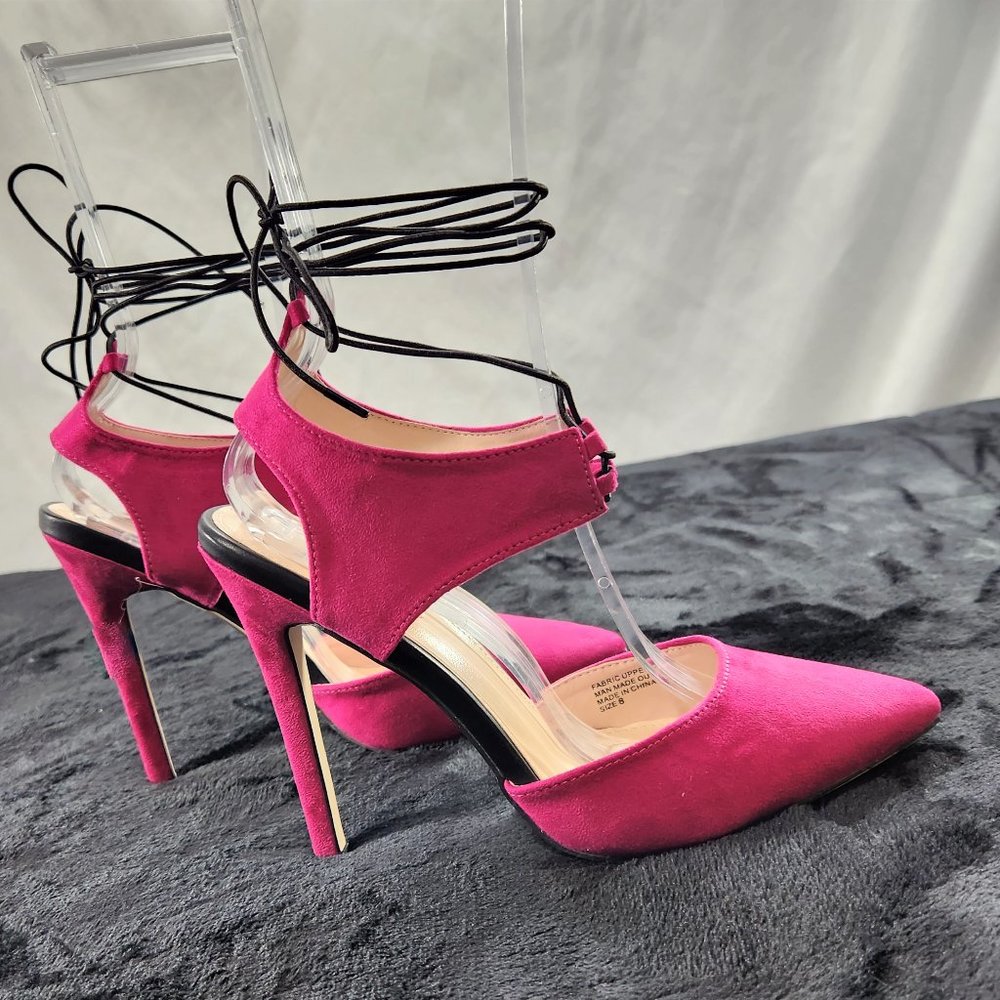 Red Cherry Fuchsia With Black Elastic Wrap Sandals With 4 1/2" Stiletto Heels - Picture 3 of 8